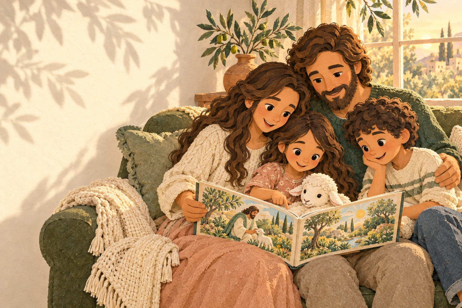A mother, father and two children sharing a picture book on a sage-green sofa in a warm paper-cut living room
