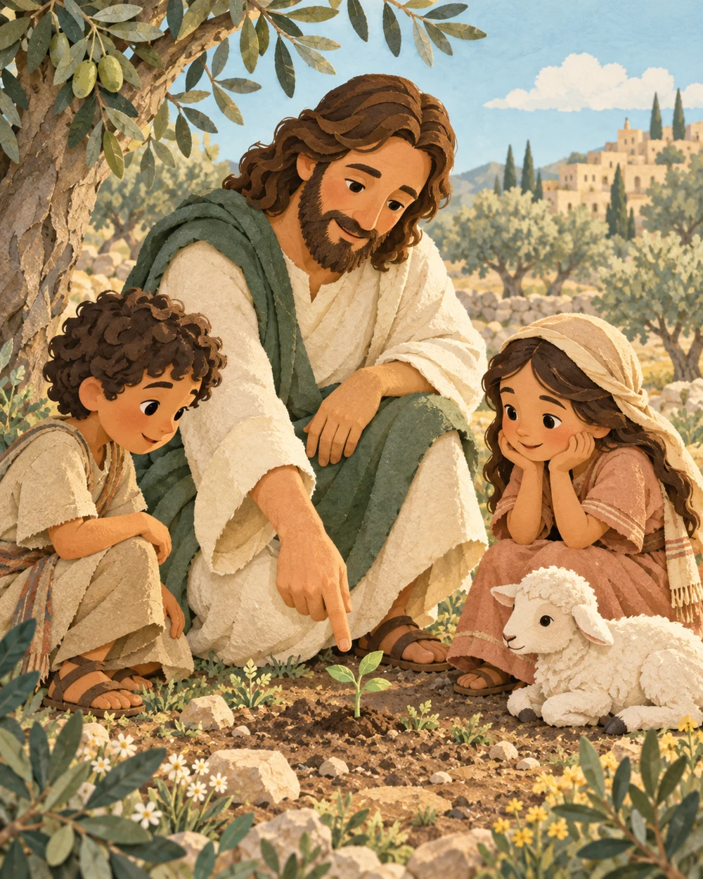 Handcrafted paper-cut cartoon of Jesus and two children discovering a tiny seedling beside a lamb