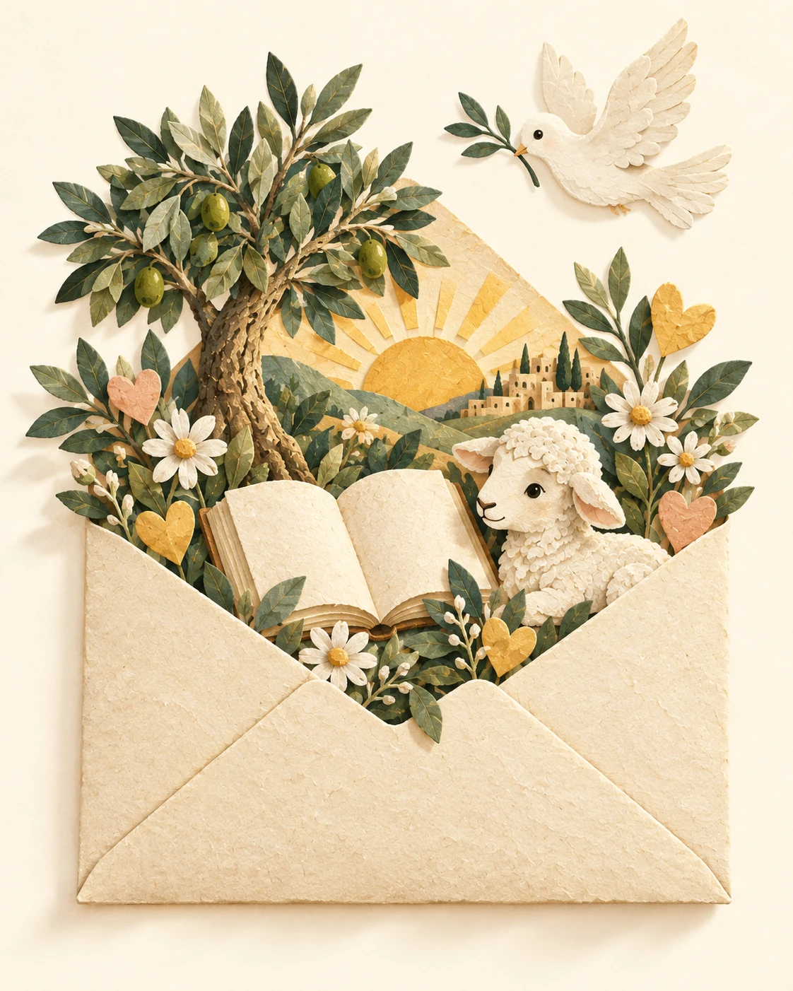 A miniature story garden with a lamb and olive tree growing from an open paper envelope