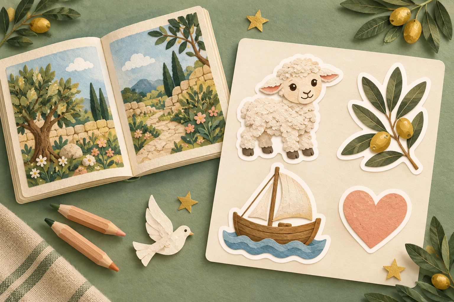 Tactile paper-cut activity kit with a fluffy lamb sticker, olive branch, little boat, peach heart and an open storybook